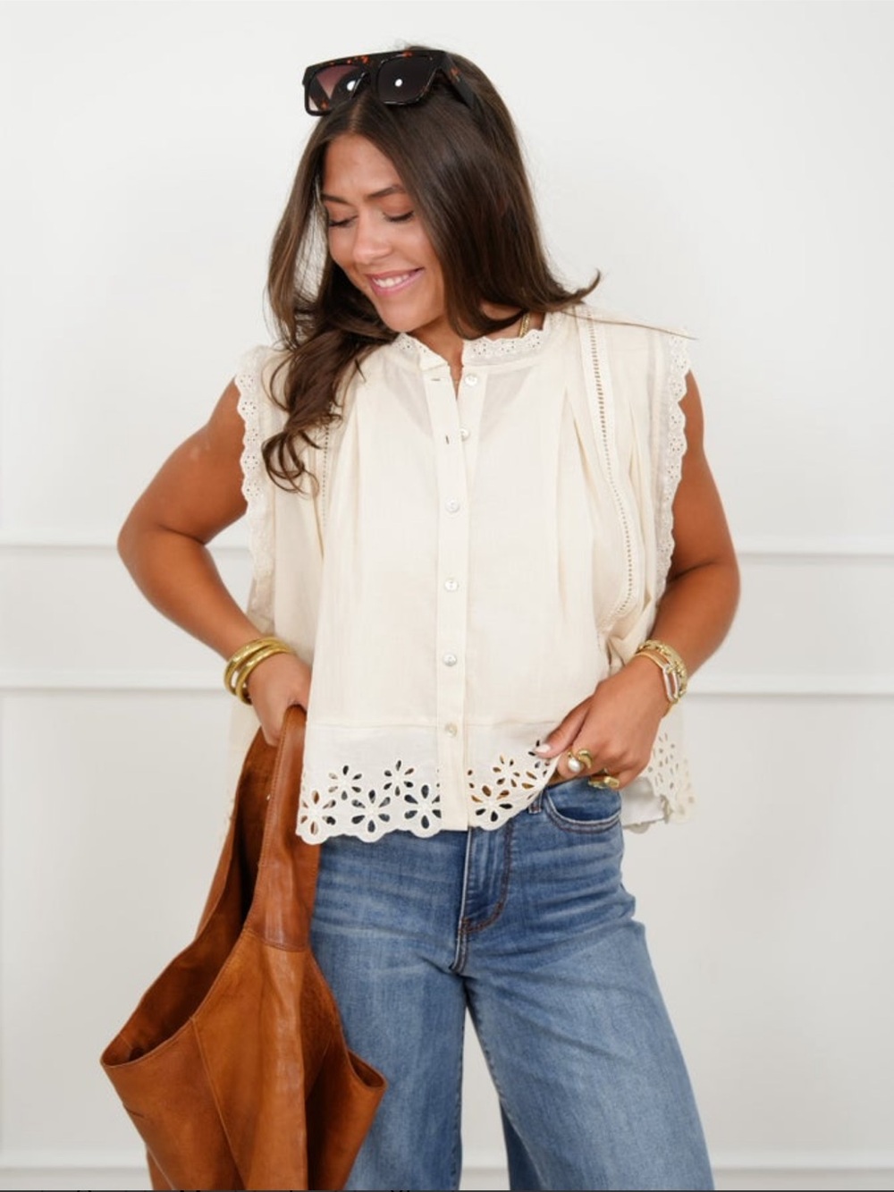 So Me Cream Eyelet Button-Up Sleeveless Top